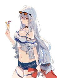 Rule 34 | 1girl, absurdres, ahoge, arknights, bare shoulders, black choker, blue shorts, breasts, choker, cleavage, commentary, cowboy shot, cup, drinking glass, drinking straw, eyewear on head, groin, hair between eyes, hair ornament, hand up, highres, holding, holding cup, karasu btk, long hair, looking at viewer, medium breasts, micro shorts, navel, no headwear, off-shoulder shirt, off shoulder, official alternate costume, red eyes, shirt, short shorts, short sleeves, shorts, silver hair, simple background, skadi (arknights), skadi (waverider) (arknights), solo, standing, stomach, sunglasses, thigh strap, thighs, very long hair, whale hair ornament, white background, white shirt