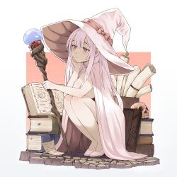 Rule 34 | 1girl, :t, blush, book, book stack, bow, breasts, brown background, cloak, closed mouth, commentary, hair between eyes, hand on own chin, hat, hat bow, head rest, highres, holding, holding staff, jchoy, knees up, large breasts, long hair, naked cloak, open book, orb, original, purple hair, red eyes, scroll, shoes, simple background, skull, solo, squatting, staff, two-tone background, very long hair, white background, white cloak, white footwear, white hat, witch hat