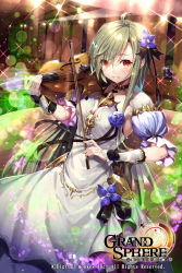 Rule 34 | 1girl, ahoge, black bow, black flower, black ribbon, black rose, blush, bow, breasts, cleavage, collar, collarbone, copyright name, detached sleeves, dress, floating hair, flower, gabiran, grand sphere, green hair, grin, hair between eyes, hair bow, hair flower, hair ornament, hair ribbon, indoors, instrument, layered dress, lens flare, long hair, looking at viewer, medium breasts, music, parted lips, playing instrument, purple flower, red eyes, ribbon, rose, short sleeves, sleeveless, sleeveless dress, smile, solo, standing, very long hair, white dress, white sleeves, wrist flower