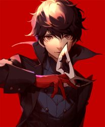 Rule 34 | 10s, 1boy, amamiya ren, ask (askzy), black eyes, black hair, gloves, male focus, mask, unworn mask, persona, persona 5, popped collar, red background, solo