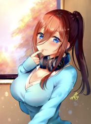 Rule 34 | 1girl, absurdres, blue cardigan, blue eyes, blue sweater, breasts, brown hair, cardigan, cleavage, closed mouth, collared shirt, finger to mouth, go-toubun no hanayome, hair between eyes, headphones, headphones around neck, high ponytail, highres, index finger raised, indoors, large breasts, long sleeves, looking at viewer, mizukanayuki, nakano miku, painting (object), ponytail, shirt, sidelocks, smile, sweater, white shirt