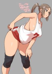 Rule 34 | 1girl, 2021, agawa ryou, breasts, brown hair, dated, green eyes, grey background, gym uniform, large breasts, long hair, original, ponytail, short shorts, shorts, sideboob, simple background, solo, thick thighs, thighs