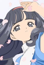 Rule 34 | 1girl, anime coloring, bare arms, black hair, blue jacket, blue sleeves, blunt bangs, buttons, cardcaptor sakura, commentary, daidouji tomoyo, edoya inuhachi, eyelashes, falling petals, grey eyes, hairband, hand up, highres, hime cut, jacket, long hair, looking at hand, open clothes, open jacket, petals, red hairband, shirt, short sleeves, simple background, solo, symbol-only commentary, turtleneck, turtleneck shirt, upper body, wavy hair, white background, white shirt