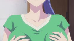 Rule 34 | animated, anime screenshot, blue hair, blush, breasts, collarbone, grabbing own breast, green shirt, highres, large breasts, long hair, megami no kafeterasu, ponytail, rubbing breasts, shirt, t-shirt, tsuruga ami, video
