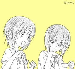 Rule 34 | 10s, 2girls, :d, bad id, bad pixiv id, blush, casual, commentary request, cup, eating, eye contact, female focus, fork, girls und panzer, gradient background, head rest, holding, holding cup, holding fork, jewelry, looking at another, monochrome, multiple girls, necklace, nishizumi maho, nishizumi miho, open mouth, short hair, short sleeves, siblings, simple background, sisters, sketch, smile, taian, talking, twitter username, upper body