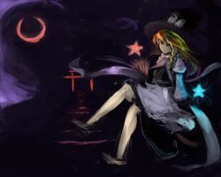 Rule 34 | 1girl, absurdres, aki konnpu, blonde hair, broom, crescent moon, dark, faux traditional media, female focus, hat, highres, kirisame marisa, moon, sitting, smile, solo, speed painting, stairs, star (symbol), torii, touhou, witch, witch hat, yellow eyes