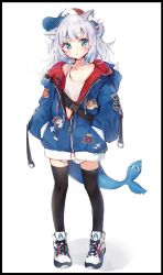 Rule 34 | 1girl, animal ear fluff, animal ears, black thighhighs, blue hair, blue jacket, blunt bangs, cat ears, character print, collarbone, fins, fish tail, gawr gura, hands in pockets, hat, highres, hololive, hololive english, jacket, kemonomimi mode, long hair, looking at viewer, multicolored hair, seboneko, shadow, shark tail, shoes, silver hair, simple background, solo, standing, streaked hair, tail, takodachi (ninomae ina&#039;nis), tank top, thighhighs, two-tone hair, virtual youtuber, white background, white footwear, white tank top