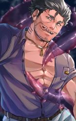 Rule 34 | 1boy, bara, belt, brown belt, dagon (housamo), facial hair, jewelry, large pectorals, long sideburns, male focus, mature male, muscular, muscular male, necklace, noramoso, open mouth, pants, partially unbuttoned, pectoral cleavage, pectorals, purple shirt, shirt, short hair, sideburns, smile, solo, stubble, teeth, tentacles, tokyo houkago summoners, tongue, tongue out, white pants