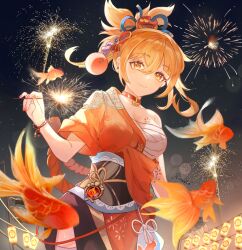 1girl arm_tattoo asymmetrical_sleeves blonde_hair bracelet breasts chest_sarashi chest_tattoo choker cleavage closed_mouth commentary_request fireworks fish genshin_impact goldfish hair_ornament hand_up highres holding japanese_clothes jewelry kimono looking_at_viewer medium_breasts miliya nail_polish night night_sky obi orange_kimono orange_nails ponytail red_choker sarashi sash short_kimono signature single_bare_shoulder sky smile solo tattoo vision_(genshin_impact) yellow_eyes yoimiya_(genshin_impact)