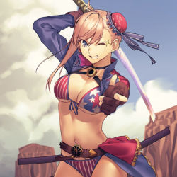 Rule 34 | 1girl, ;d, ahoge, american flag bikini, arm up, belt, bikini, blue eyes, blue sky, breasts, brown gloves, bun cover, cleavage, cloud, cowboy shot, day, fate/grand order, fate (series), fingerless gloves, flag print, gloves, grin, hiro (hirohiro gorira), holding, holding sword, holding weapon, large breasts, long sleeves, looking at viewer, miyamoto musashi (fate), miyamoto musashi (swimsuit berserker) (second ascension) (fate), navel, one eye closed, open mouth, outdoors, outstretched arm, pink hair, pointing, pointing at viewer, sheath, shrug (clothing), single sidelock, sky, smile, solo, stomach, striped bikini, striped clothes, swimsuit, sword, teeth, unsheathed, v-shaped eyebrows, vertical-striped bikini, vertical-striped clothes, weapon