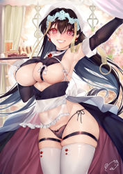 Rule 34 | 1girl, alternate costume, armpits, bacon, bandana, bare shoulders, black dress, black panties, blush, breasts, brown hair, cup, detached collar, dress, earrings, fate/grand order, fate (series), food, grin, hair ribbon, headpiece, highres, jewelry, juice, long hair, looking at viewer, maid, obiwan, orange juice, pancake, panties, red eyes, revealing clothes, ribbon, sandwich, skindentation, smile, solo, thigh strap, thighhighs, thighs, tray, underboob, underwear, white thighhighs, xuangzang sanzang (fate)