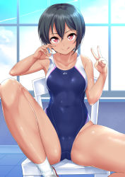 Rule 34 | 1girl, black hair, blue sky, blush, breasts, cameltoe, chair, commentary request, competition swimsuit, covered navel, highleg, highleg swimsuit, highres, indoors, kanabun, kneehighs, legs, licking lips, looking at viewer, medium breasts, natsumi-chan (kanabun), one-piece swimsuit, one-piece tan, original, red eyes, shoes, short hair, sitting, skindentation, sky, smile, socks, solo, spread legs, sunlight, swimsuit, tan, tanline, thighs, tongue, tongue out, v, white socks