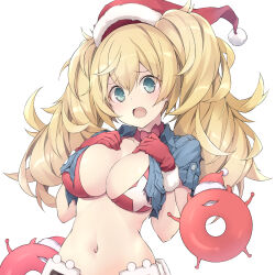Rule 34 | 1girl, abyssal ship, bikini, bikini top only, blonde hair, blue eyes, blue shirt, breasts, christmas, enemy lifebuoy (kancolle), fur-trimmed gloves, fur trim, gambier bay (kancolle), gloves, hat, highres, kantai collection, large breasts, open mouth, red bikini, red gloves, sakana (flame sakana), santa hat, shirt, simple background, star (symbol), star print, swimsuit, torn clothes, twintails, upper body, white background