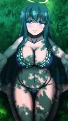 Rule 34 | 1girl, artist request, bikini, blue eyes, breasts, character request, cleavage, green hair, halo, highres, kneeling, large breasts, legs, long hair, looking at viewer, navel, outstretched arms, smile, solo, swimsuit, thighs