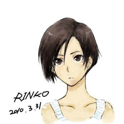 Rule 34 | 1girl, bare shoulders, black hair, bob cut, brown eyes, kobayakawa rinko, love plus, short hair, simple background, solo, striped, tank top, y3