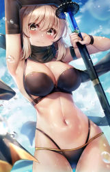 Rule 34 | 1girl, armpits, arms up, bare shoulders, bikini, black bikini, black gloves, black scarf, blonde hair, blue sky, blush, bow, breasts, cleavage, closed mouth, drawing sword, fate/grand order, fate (series), gloves, hair between eyes, hair bow, highres, holding, holding sword, holding weapon, katana, large breasts, looking at viewer, motokonut, multi-strapped bikini, navel, okita j. souji (fate), okita j. souji (first ascension) (fate), okita souji (fate), okita souji (koha-ace), scarf, short hair, single glove, sky, smile, solo, swimsuit, sword, water, weapon, wristband