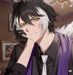 Rule 34 | 1boy, animal ears, black gloves, black hair, black shirt, chandelier, chap yun, closed mouth, fur trim, gloves, hair between eyes, half gloves, hand on own face, highres, holostars, indoors, jackal boy, jackal ears, kageyama shien, looking at viewer, male focus, multicolored hair, necktie, picture frame, portrait, purple shawl, shawl, shirt, short hair, slit pupils, smile, solo, two-tone hair, virtual youtuber, wallpaper (object), white necktie, yellow eyes