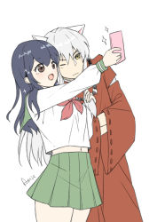 Rule 34 | 1boy, 1girl, absurdres, amiemie, animal ears, bead necklace, beads, black hair, blush, brown eyes, closz, fox ears, green skirt, hair between eyes, highres, higurashi kagome, holding, holding phone, inuyasha, inuyasha (character), jewelry, light blush, long hair, long sleeves, navel, necklace, one eye closed, open mouth, phone, red neckwear, school uniform, selfie, signature, silver hair, simple background, skirt, smile, sparkle, standing, tooth, tooth necklace, uniform, white background