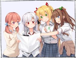 Rule 34 | .live, 4girls, :d, :t, bad id, bad pixiv id, bendy straw, blonde hair, blue eyes, blush, bow, braid, breasts, brown hair, brown sweater, closed mouth, collarbone, collared shirt, cup, disposable cup, dress shirt, drinking, drinking straw, green bow, green eyes, grey skirt, hair between eyes, hair bow, hair ornament, hair ribbon, holding, holding cup, kakyouin chieri, kei (soundcross), kitakami futaba, kongou iroha, long hair, long sleeves, low twintails, medium breasts, multiple girls, open mouth, plaid, plaid skirt, pleated skirt, pointing, purple eyes, red eyes, red ribbon, ribbon, school uniform, shirt, silver hair, skirt, sleeves past fingers, sleeves past wrists, smile, star (symbol), star hair ornament, sweater, teeth, twintails, two side up, upper teeth only, very long hair, virtual youtuber, white shirt, yozakura tama