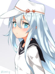 Rule 34 | 1girl, black sailor collar, blue eyes, blush, buttons, closed mouth, commission, flat cap, hammer and sickle, hat, hibiki (kancolle), izumikuma, jacket, kantai collection, long hair, looking at viewer, sailor collar, simple background, skeb commission, solo, star (symbol), twitter username, upper body, verniy (kancolle), white hat, white jacket