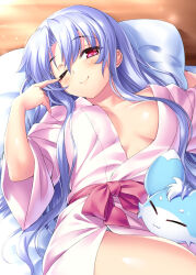 Rule 34 | 1girl, ;), arm up, blue hair, blush, breasts, breasts apart, closed mouth, commentary request, day, eyelashes, finger to eye, hair between eyes, hair down, hair spread out, hand up, head on pillow, head tilt, inari (summer pockets), indoors, japanese clothes, kimono, large breasts, lips, long hair, long sleeves, looking at viewer, lying, no bra, on back, on bed, one eye closed, pink kimono, red eyes, red sash, sash, shiny skin, sidelocks, smile, solo, sorakado ao, summer pockets, tears, very long hair, waking up, wide sleeves, zen (kamuro)