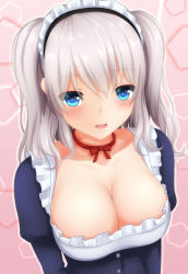 Rule 34 | 10s, 1girl, :d, blue dress, blue eyes, blush, bow, breasts, buttons, cleavage, collarbone, dress, female focus, frills, gengodou, jewelry, kantai collection, kashima (kancolle), large breasts, looking at viewer, maid, neck ring, open mouth, pink background, red bow, short hair, silver hair, simple background, smile, solo, tapisuke, two side up, upper body