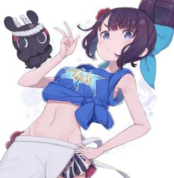 Rule 34 | 1girl, arts shirt, bare arms, bare shoulders, black hair, blue eyes, blue shirt, blush, breasts, commentary request, fate/grand order, fate (series), flower, from below, hair flower, hair ornament, katsushika hokusai (fate), looking at viewer, medium breasts, navel, octopus, shirt, short hair, solo, sportswear, totatokeke, w