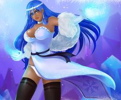 blue_eyes blue_hair crown dress earrings eira_(fap_ceo) fap_ceo fur_collar gloves jewelry panties snow snowing socks underwear