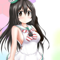 Rule 34 | 1girl, black eyes, black gloves, black hair, breasts, chikuma (kancolle), clothes writing, cosplay, cowboy shot, dress, elbow gloves, gloves, grecale (kancolle), grecale (kancolle) (cosplay), hat, honeycomb (pattern), honeycomb background, kantai collection, long hair, looking at viewer, medium breasts, mini hat, multicolored background, neckerchief, ouno (nounai disintegration), pink background, sailor collar, sailor dress, sideboob, single glove, sleeveless, sleeveless dress, smile, solo, striped neckerchief, striped neckwear, white background, white dress, white sailor collar