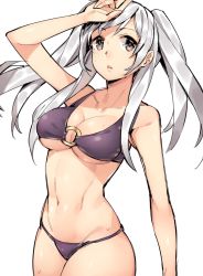Rule 34 | 1girl, arm up, bikini, breasts, brown eyes, cleavage, cowboy shot, fire emblem, fire emblem awakening, fire emblem heroes, ge-b, large breasts, long hair, looking at viewer, navel, nintendo, o-ring, o-ring bikini, purple bikini, robin (female) (fire emblem), robin (fire emblem), short hair, simple background, sketch, solo, swimsuit, twintails, underboob, white background