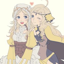 Rule 34 | 2girls, alternate hairstyle, blonde hair, bodystocking, circlet, commentary request, covered navel, donkuma kakusei, fire emblem, fire emblem awakening, fire emblem fates, grandmother and granddaughter, grey eyes, lissa (fire emblem), long hair, looking at another, multiple girls, nintendo, one eye closed, open mouth, ophelia (fire emblem), teeth, turtleneck, upper body, upper teeth only