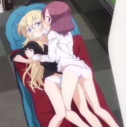 Rule 34 | 10s, 2girls, arm grab, ass, blonde hair, blue eyes, blush, brown hair, caught, covering another&#039;s mouth, girl on top, hand over another&#039;s mouth, highres, leg between thighs, long hair, looking back, lying, multiple girls, new game!, no pants, on back, on stomach, open mouth, panties, pink panties, purple eyes, screencap, shirt, short hair, stitched, third-party edit, tooyama rin, underwear, white panties, yagami kou, yuri