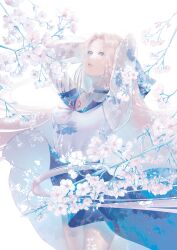 Rule 34 | 1girl, absurdres, armpits, arms behind head, arms up, black choker, blue eyes, blue skirt, branch, breasts, cherry blossoms, choker, cowboy shot, curtained hair, flower, highres, long hair, looking at viewer, medium breasts, open mouth, original, parted lips, sabaumako, sailor collar, school uniform, serafuku, shirt, skirt, solo, standing, white background, white hair, white shirt