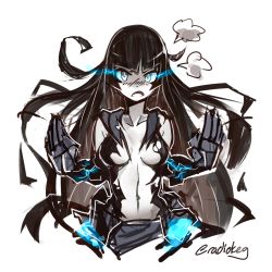 Rule 34 | 10s, 1girl, abyssal ship, black dress, black hair, blue eyes, blush, breasts, commentary, deel (rkeg), dress, elbow gloves, flustered, frown, gauntlets, gloves, glowing, glowing eyes, hand gesture, highres, kantai collection, light cruiser oni, long hair, messy hair, midriff, navel, no bra, open mouth, sailor dress, simple background, small breasts, solo, stop motion, torn clothes, torn dress, twitter username, unconventional media, upper body, very long hair, white background