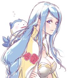 Rule 34 | 1girl, blue eyes, blue hair, breasts, cleavage, eyelashes, fire emblem, fire emblem engage, flower, from side, highres, large breasts, long hair, looking at viewer, lumera (fire emblem), nintendo, parted lips, red flower, red rose, rose, smile, sommie (fire emblem), umi ( oneinchswing), upper body, very long hair, white background