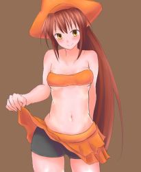 Rule 34 | 1girl, adapted costume, arc system works, arm behind back, bad id, bad pixiv id, bandeau, bare shoulders, bike shorts, bike shorts under skirt, blush, breasts, brown eyes, brown hair, clothes lift, guilty gear, hat, highres, long hair, may (guilty gear), midriff, navel, orange hat, otsumami (otsu-mugi), shorts, shorts under skirt, skirt, skirt lift, small breasts, smile, solo, standing, strapless, tube top, underboob, very long hair, wide hips