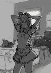 Rule 34 | 10s, 1girl, adjusting hair, animated, animated gif, arms up, bed, bed sheet, bedroom, black dress, black footwear, bookshelf, bow, breasts, chair, closed mouth, commentary, desk, dress, green bow, grey hair, hand in own hair, indoors, lia marin, long hair, love live!, love live! school idol project, maid, mary janes, medium breasts, minami kotori, puffy short sleeves, puffy sleeves, shoes, unworn shoes, short sleeves, sketch, solo, standing, stuffed alpaca, stuffed animal, stuffed toy, sunlight, yellow eyes