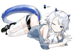 Rule 34 | 1girl, 2024, absurdres, bandaid, blue eyes, dragon tail, highres, horns, lying, on side, one eye closed, original, seeshin see, tail, thighhighs, white background, white hair, white thighhighs