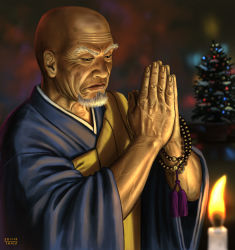 Rule 34 | 1boy, bald, beads, black eyes, candle, christmas, christmas tree, facial hair, fire, fire, kesa, male focus, matataku, monk, old, old man, original, own hands together, prayer beads, praying, realistic, resolution mismatch, signature, solo, source smaller