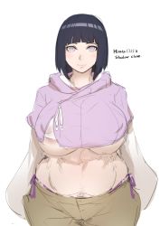 Rule 34 | 1girl, belly, black hair, blush, breasts, curvy, eyebrows, female pubic hair, huge breasts, hyuuga hinata, kunaboto, looking at viewer, naruto, naruto (series), plump, pubic hair, purple eyes, shirt, short hair, simple background, smile, solo, stomach, underboob, white background, wide hips
