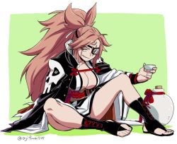 Rule 34 | 1girl, asaya minoru, bad id, bad twitter id, baiken, black cape, black footwear, black kimono, breasts, bridal legwear, brown hair, cape, choko (cup), cleavage, colored shadow, cup, eyepatch, facial mark, forehead mark, full body, green background, guilty gear, guilty gear xrd, high ponytail, holding, holding cup, japanese clothes, kimono, long hair, long sleeves, medium breasts, obi, parted bangs, parted lips, ponytail, red eyes, sash, scar, scar across eye, scar on face, shadow, sitting, skull print, smirk, solo, stirrup footwear, twitter username, two-tone background, very long hair, white background, white kimono, wide sleeves