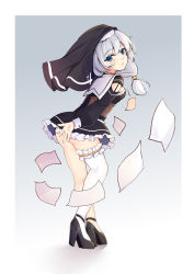 Rule 34 | 1girl, :d, absurdres, back, black dress, black footwear, blue eyes, dress, frilled dress, frills, full body, high heels, highres, honkai (series), honkai impact 3rd, long sleeves, looking at viewer, looking back, nun, open mouth, paper, qingye ling, side ponytail, single thighhigh, smile, solo, theresa apocalypse, thighhighs, white hair, white thighhighs