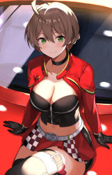Rule 34 | 1girl, ahoge, arm support, asato (fadeless), belt, black choker, black gloves, black thighhighs, black tube top, braid, breasts, brown hair, car, checkered clothes, checkered skirt, choker, cleavage, closed mouth, collarbone, commentary, cowboy shot, crop top, cropped jacket, crossed legs, earrings, gloves, green eyes, hair between eyes, heart, heart earrings, highres, idolmaster, idolmaster million live!, idolmaster million live! theater days, jacket, jewelry, large breasts, light blush, long sleeves, looking at viewer, midriff, miniskirt, motor vehicle, navel, on vehicle, open clothes, open jacket, pleated skirt, race queen, red jacket, red skirt, sakuramori kaori, short hair, sitting, skirt, smile, solo, strapless, thigh strap, thighhighs, tube top