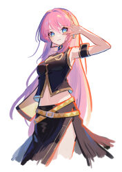 Rule 34 | 1girl, bare shoulders, belt, black skirt, black vest, blue eyes, breasts, closed mouth, commentary, crop top, cropped legs, detached sleeves, hair between eyes, hand up, headset, high collar, highres, large breasts, light blush, light smile, long hair, looking at viewer, megurine luka, midriff peek, multiple belts, navel, nisokurui, number tattoo, pink hair, shoulder tattoo, side slit, sidelocks, single detached sleeve, skirt, solo, tattoo, v, very long hair, vest, vocaloid, white background, yellow belt