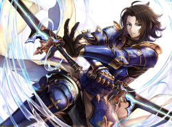 Rule 34 | 10s, 1boy, ahoge, armor, black hair, blue armor, blue eyes, boots, dual wielding, dutch angle, flipped hair, frown, gauntlets, granblue fantasy, holding, holding weapon, lancelot (granblue fantasy), male focus, solo, sword, tenyo0819, weapon
