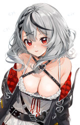 Rule 34 | 1girl, :p, belt, black belt, black collar, black hair, black jacket, blush, breasts, camisole, cleavage, collar, commentary request, eyes visible through hair, gotou (nekocat), hair ornament, highres, hololive, jacket, large breasts, long hair, looking at viewer, multicolored hair, off shoulder, open clothes, open jacket, red eyes, sakamata chloe, sakamata chloe (1st costume), shirt, silver hair, solo, streaked hair, tongue, tongue out, upper body, virtual youtuber, white background, white shirt, x hair ornament