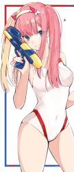 Rule 34 | 10s, 1girl, alternate hairstyle, bare arms, bare shoulders, blonde hair, blunt bangs, blush, breasts, closed mouth, competition swimsuit, covered navel, cowboy shot, darling in the franxx, eyes visible through hair, hairband, head tilt, heart, highres, horns, legs apart, lips, long hair, looking at viewer, medium breasts, multicolored hair, one-piece swimsuit, sidelocks, smile, solo, standing, swimsuit, thighs, twintails, two-tone hair, utayoi (umakatare), water gun, white background, white hairband, white one-piece swimsuit, zero two (darling in the franxx)