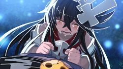 Rule 34 | 1girl, absurdres, black hair, crying, crying with eyes open, faust (makai shin trillion), game cg, hair ornament, highres, long hair, makai shin trillion, nanameda kei, official art, streaming tears, tears, yellow eyes