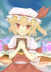 Rule 34 | 1girl, blonde hair, blush, book, bunchou (bunchou3103), day, dress, fang, female focus, flandre scarlet, hands on own chest, hat, highres, lake, midriff, mountain, red dress, red eyes, reflection, side ponytail, sky, slit pupils, smile, solo, star (sky), embodiment of scarlet devil, touhou, vampire, wings