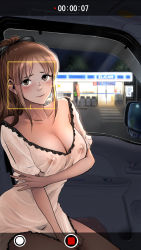 Rule 34 | 1girl, aino (acilealaulica), blush, breasts, brown eyes, brown hair, car interior, cleavage, closed mouth, collarbone, convenience store, dress, dress tug, female focus, high ponytail, highres, looking at viewer, mole, mole under eye, night, nipples, no bra, no panties, original, recording, see-through, shop, short dress, short sleeves, sitting, solo, time, tree, viewfinder